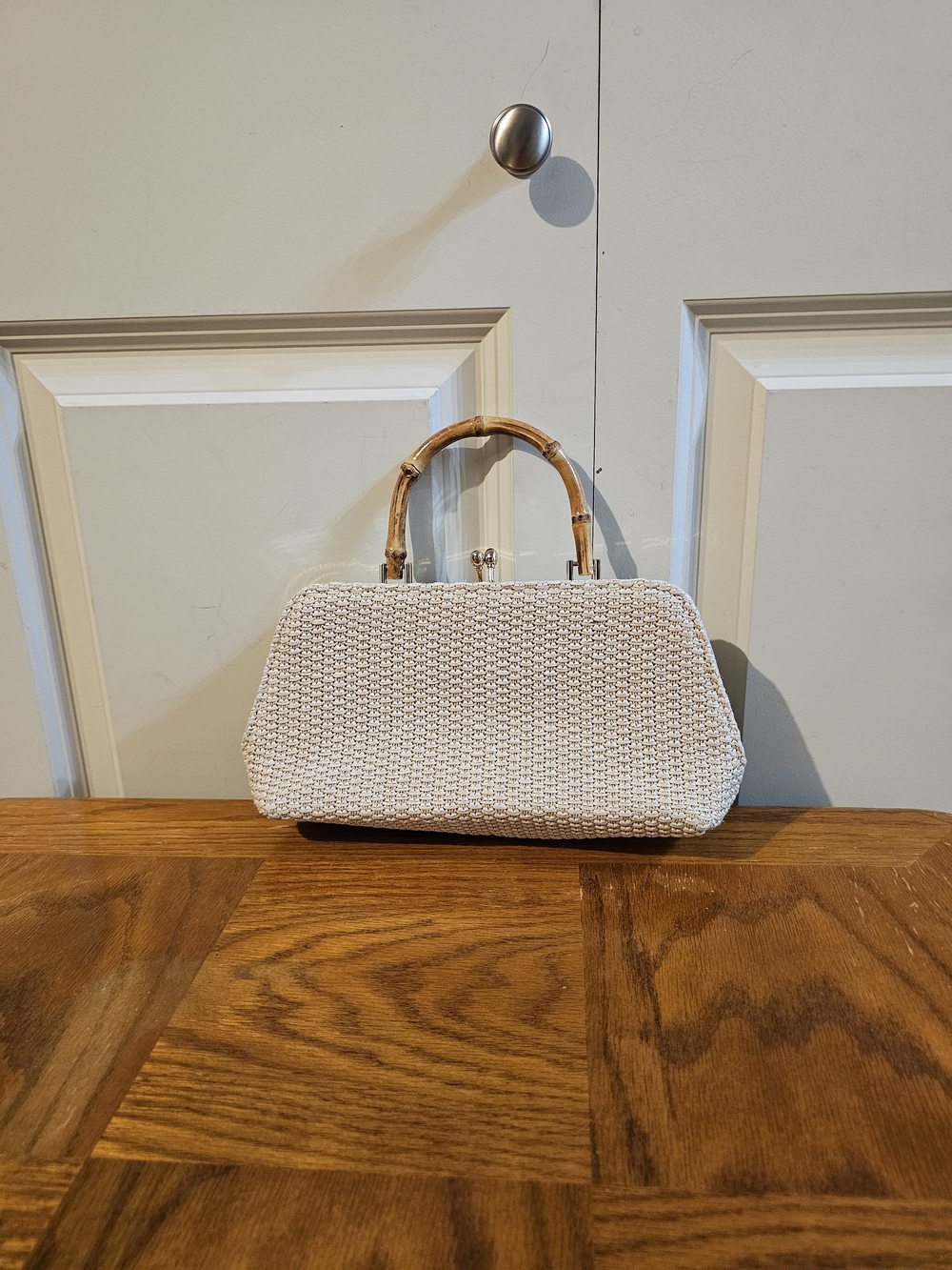 Urban Expressions Cream Woven Clutch with Bamboo Top Handle - Women's Wristlet
